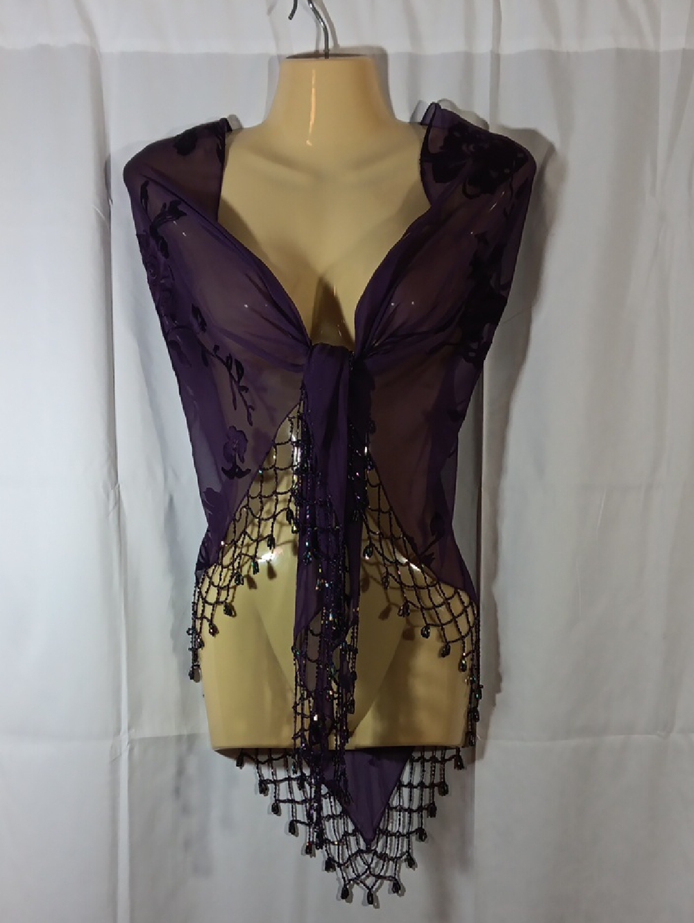 Womens Purple Beaded Scarf Sheer Satin Floral Burnout Shawl Crochet Lace